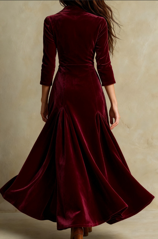 Elegant Retro Suit Collar Velvet Long Dress