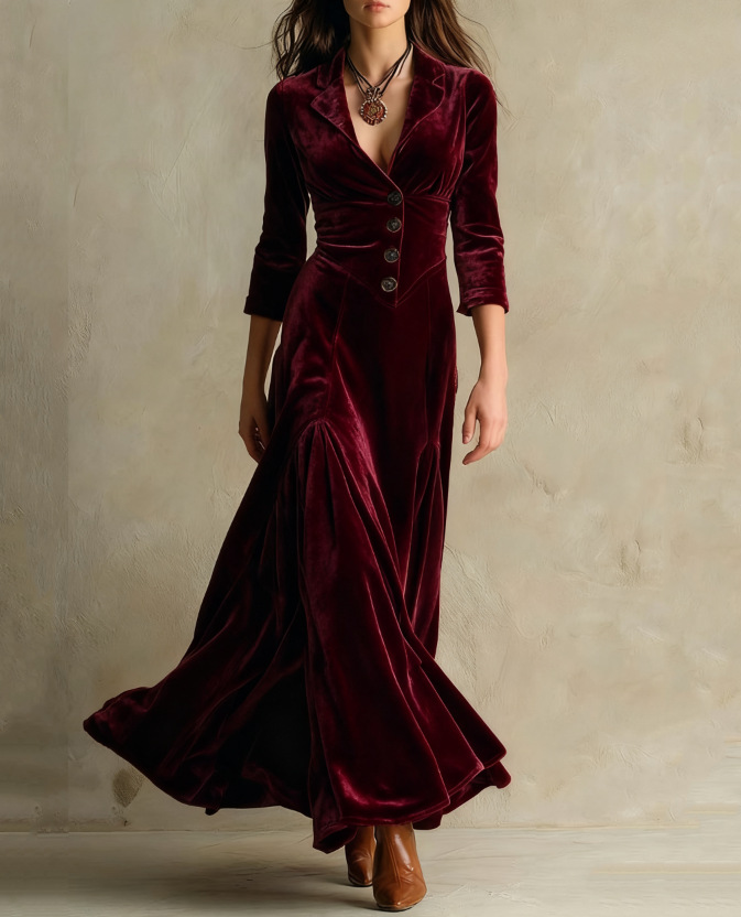 Elegant Retro Suit Collar Velvet Long Dress