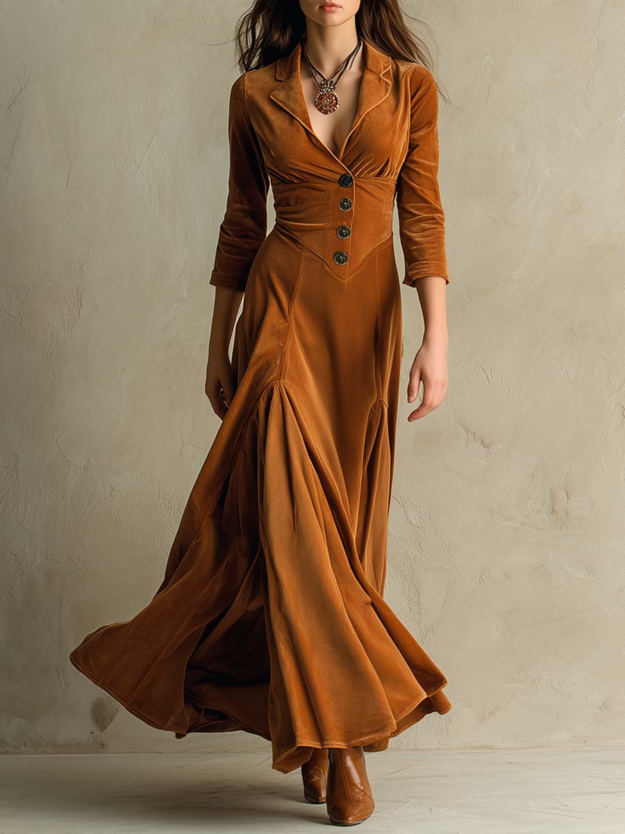 Elegant Retro Suit Collar Velvet Long Dress