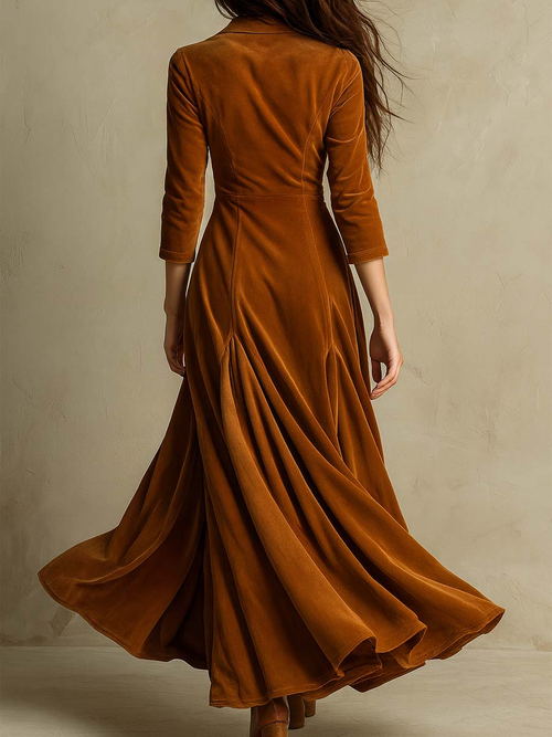 Elegant Retro Suit Collar Velvet Long Dress