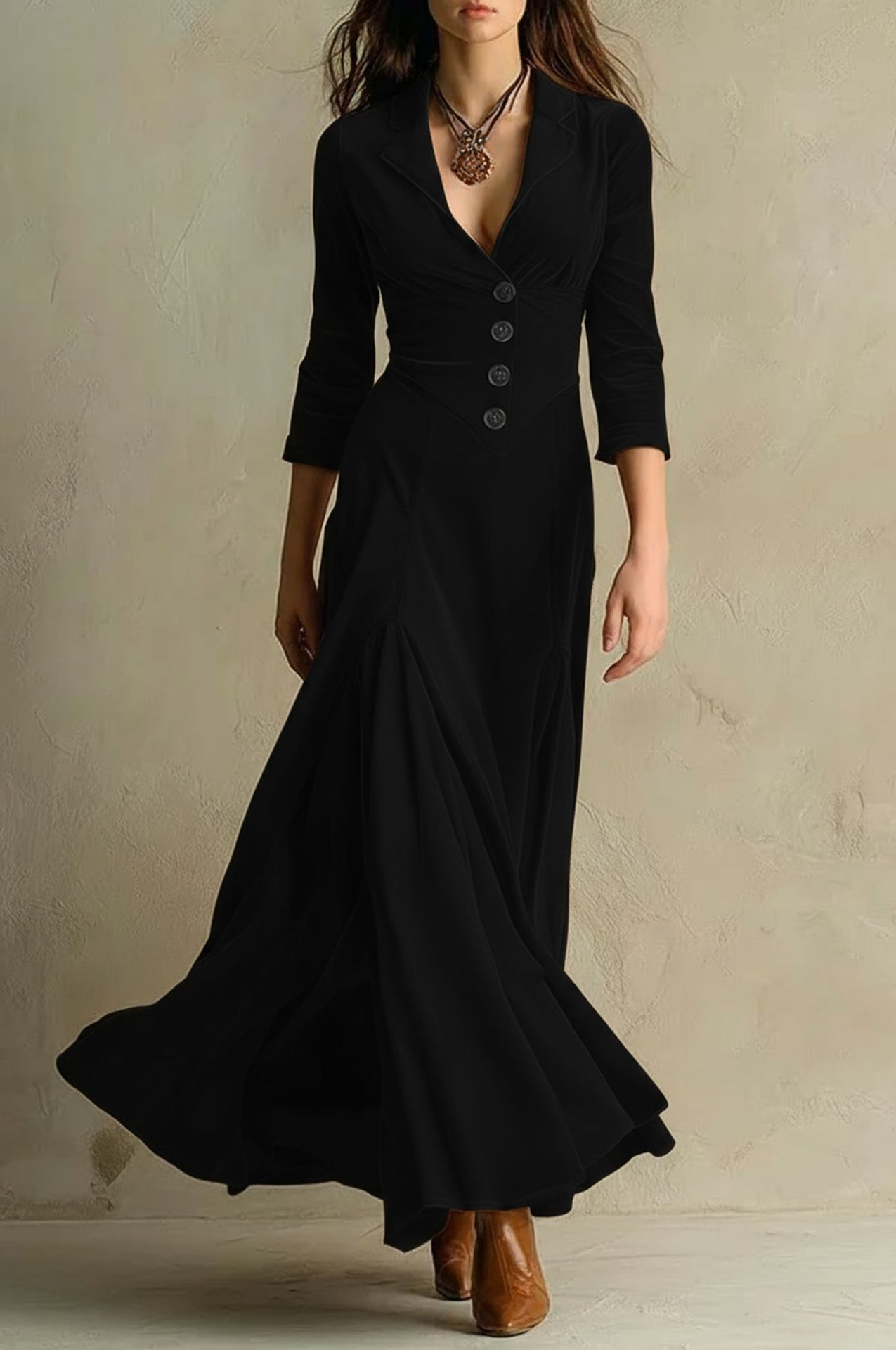 Elegant Retro Suit Collar Velvet Long Dress